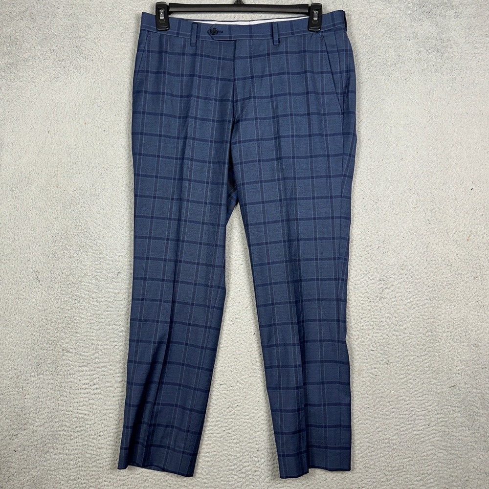 Loro Piana Super 130s Wool Blend Pants Mens 34X28R Blue Dress Windowpane EUC